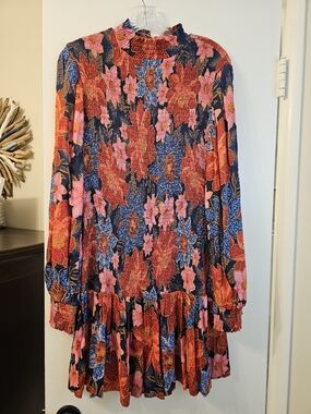 BNWT Farm Rio Smocked Floral Long-Sleeve Red Navy Garden Mini Dress, SZ S BNWT